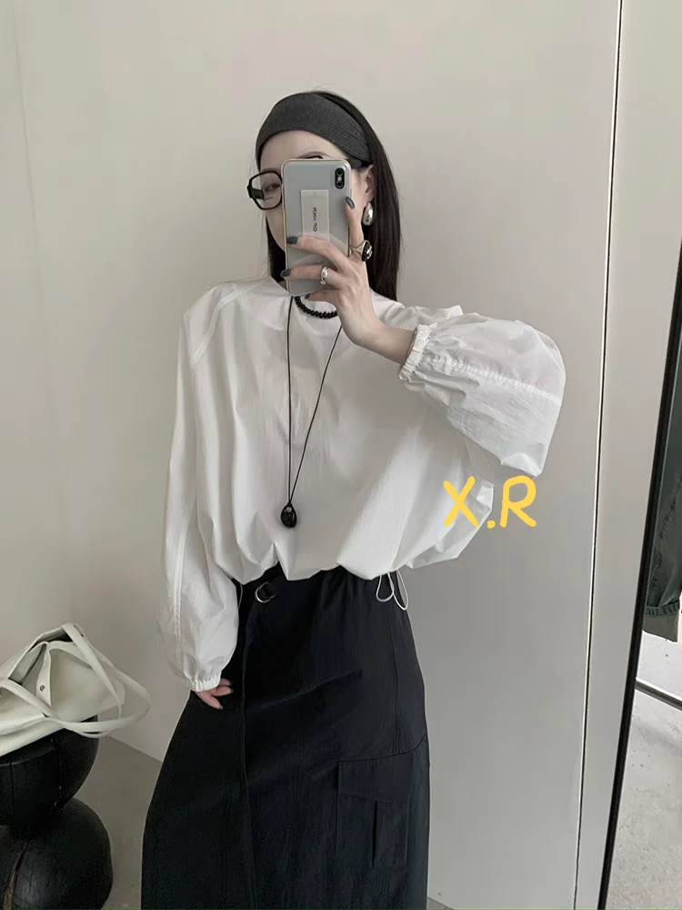 X.R 韩国春季新款韩版2025洋气百搭圆领套头底边抽绳衬衫