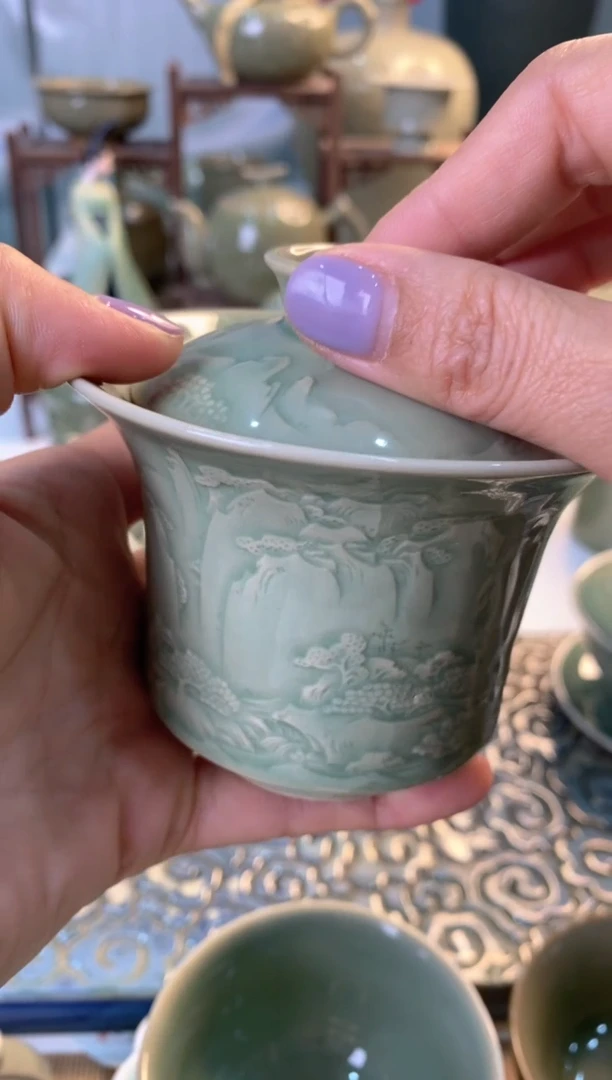 瓷片若见秘色山水二才盖碗 微瑕处理