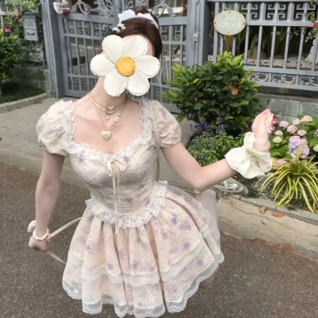 大码奶芙云纱茶歇法式甜美温柔风粉色方领碎花连衣裙
