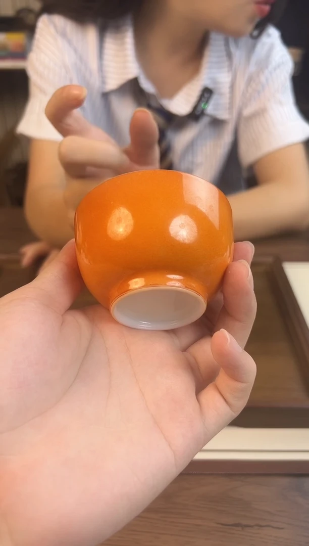 问青坊纯手工单色釉橘色薄胎气窑罗汉杯