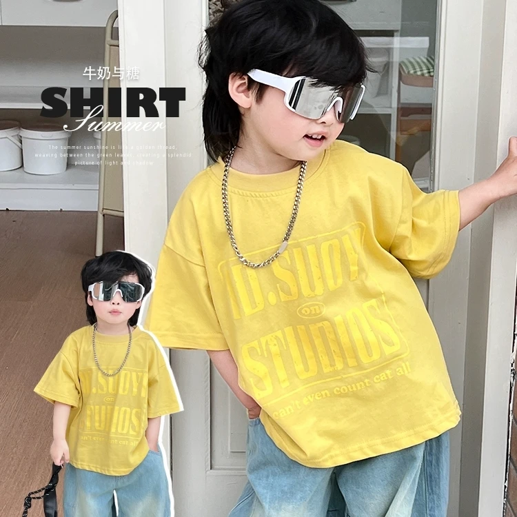 儿童短袖夏季新款2025宝宝字母T恤韩版男孩宽松潮范t小童上衣服