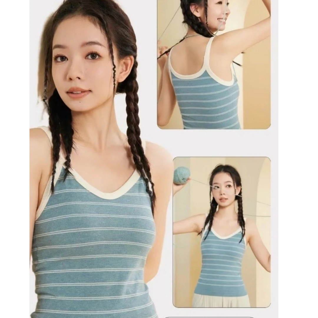 8239-彩纱条纹固定杯背心（迪绿条纹）