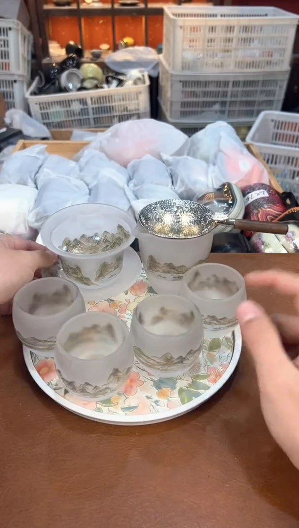 千里江山琉璃+茶漏+茶盘
