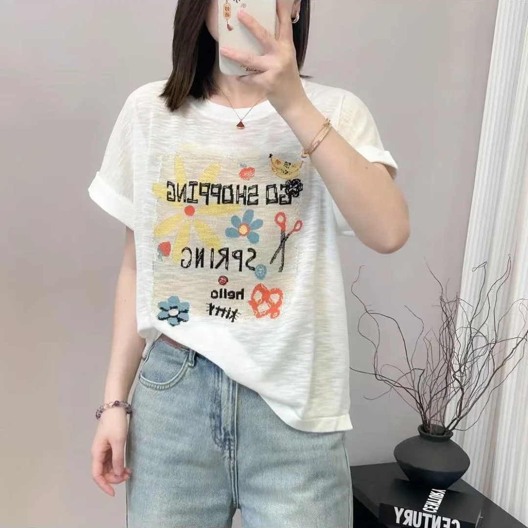 夏季时尚t恤女装韩版宽松薄款字母花朵剪刀圆领印花上衣潮流