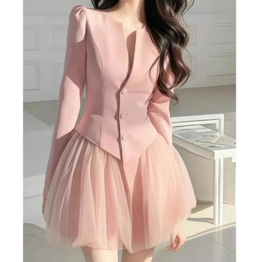 小香风千金高级感套装女2025春季新款收腰开衫上衣网纱短裙两件套