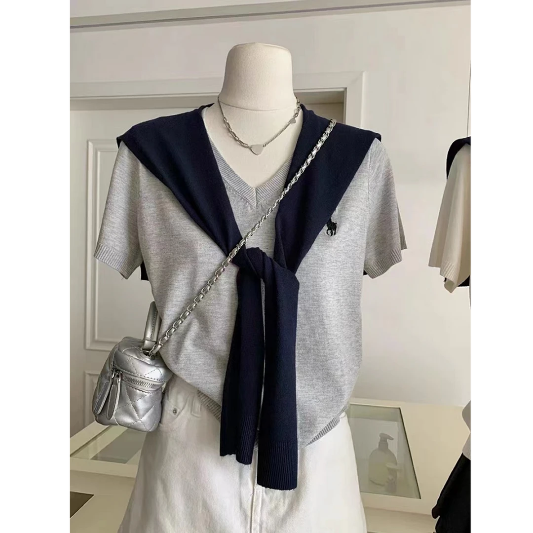 【韩系穿搭】早春韩系V领针织显瘦休闲套头上衣+披肩两件套短袖上衣