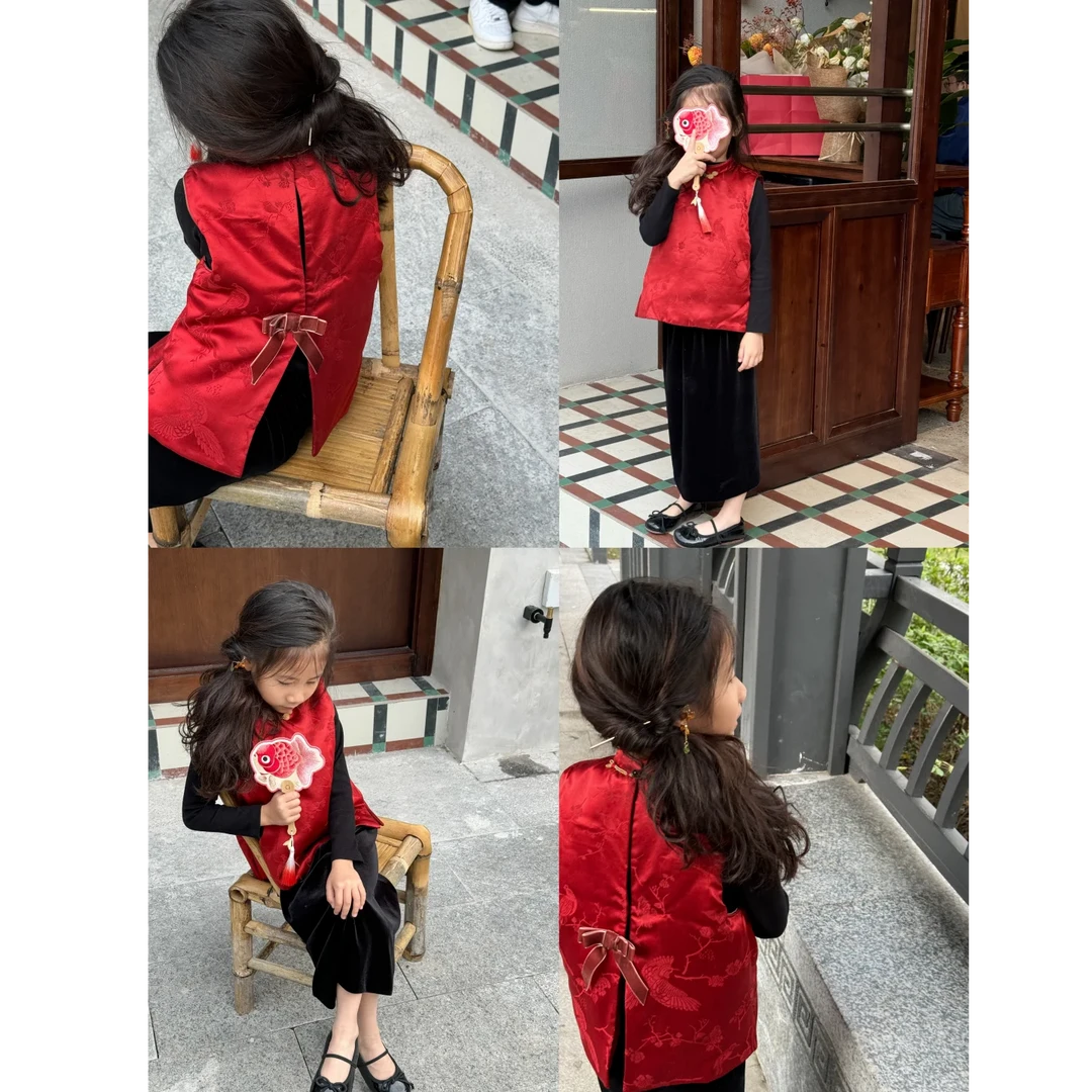 现货壹妈女童新中式拜年服套装秋冬儿童红色夹棉马甲上衣黑色半裙