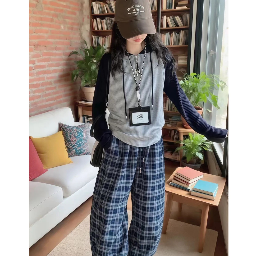 2025新款春秋休闲拼色长袖格子裤女童套装慵懒风两件套休闲常规款