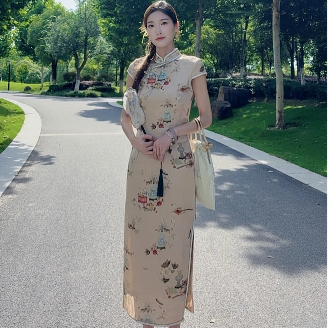 白幼秀真丝福禄双致夏季显瘦气质网红时尚复古修身日常旗袍5701