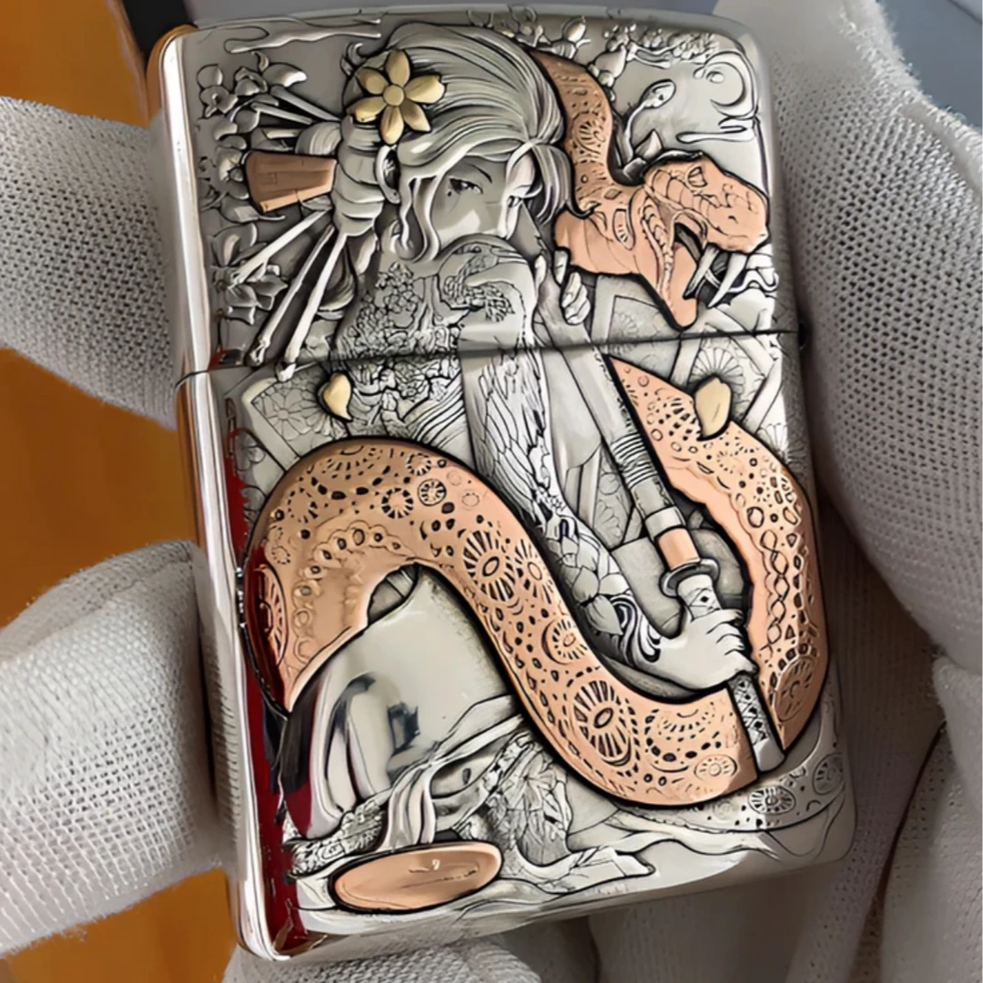 ZIPPO打火机纯银盔甲正面蛇女背面刀女DYJ1