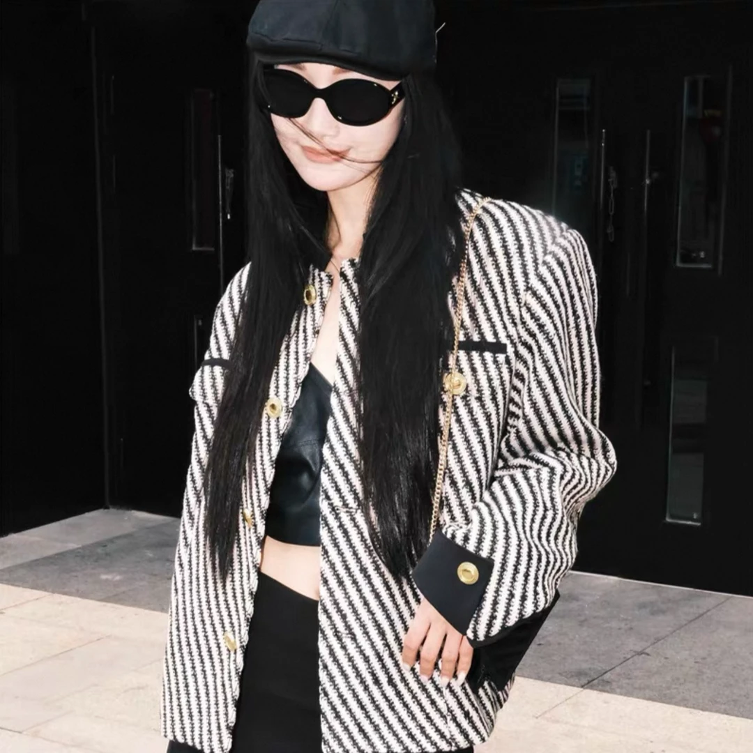 [娜娜家]小香风斜条纹毛呢夹克外套