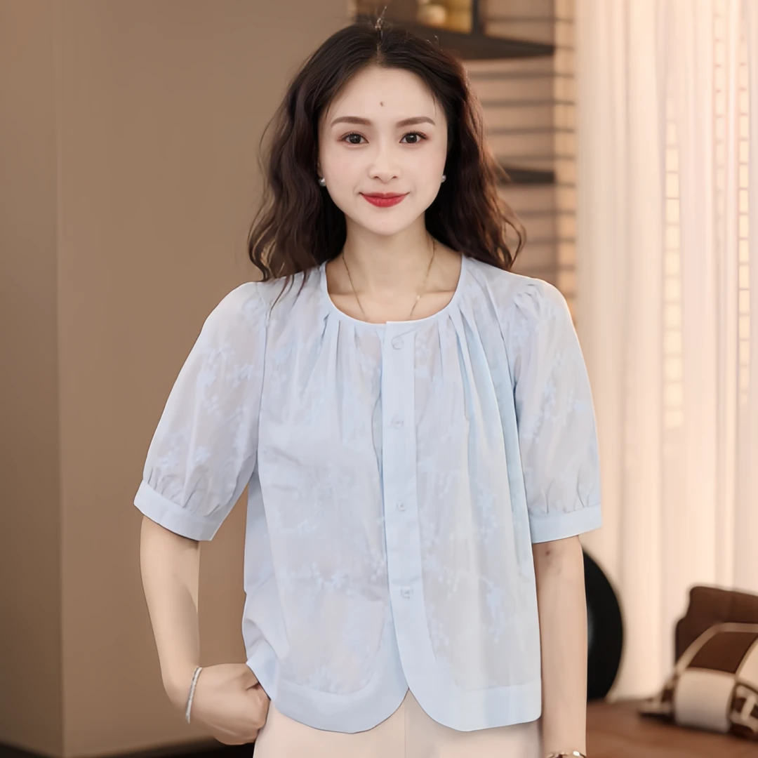 DHR COLLECTTIONS豆豆 刺绣小花网纱外套短袖T恤女 D6350