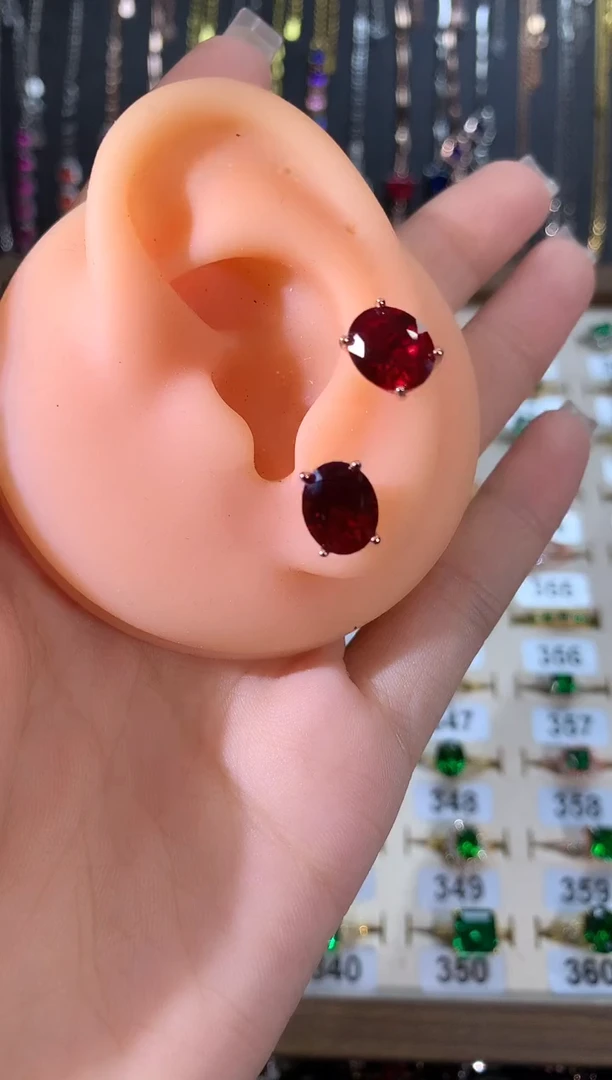 银S925镶嵌耳饰红宝石810玫瑰金酒红