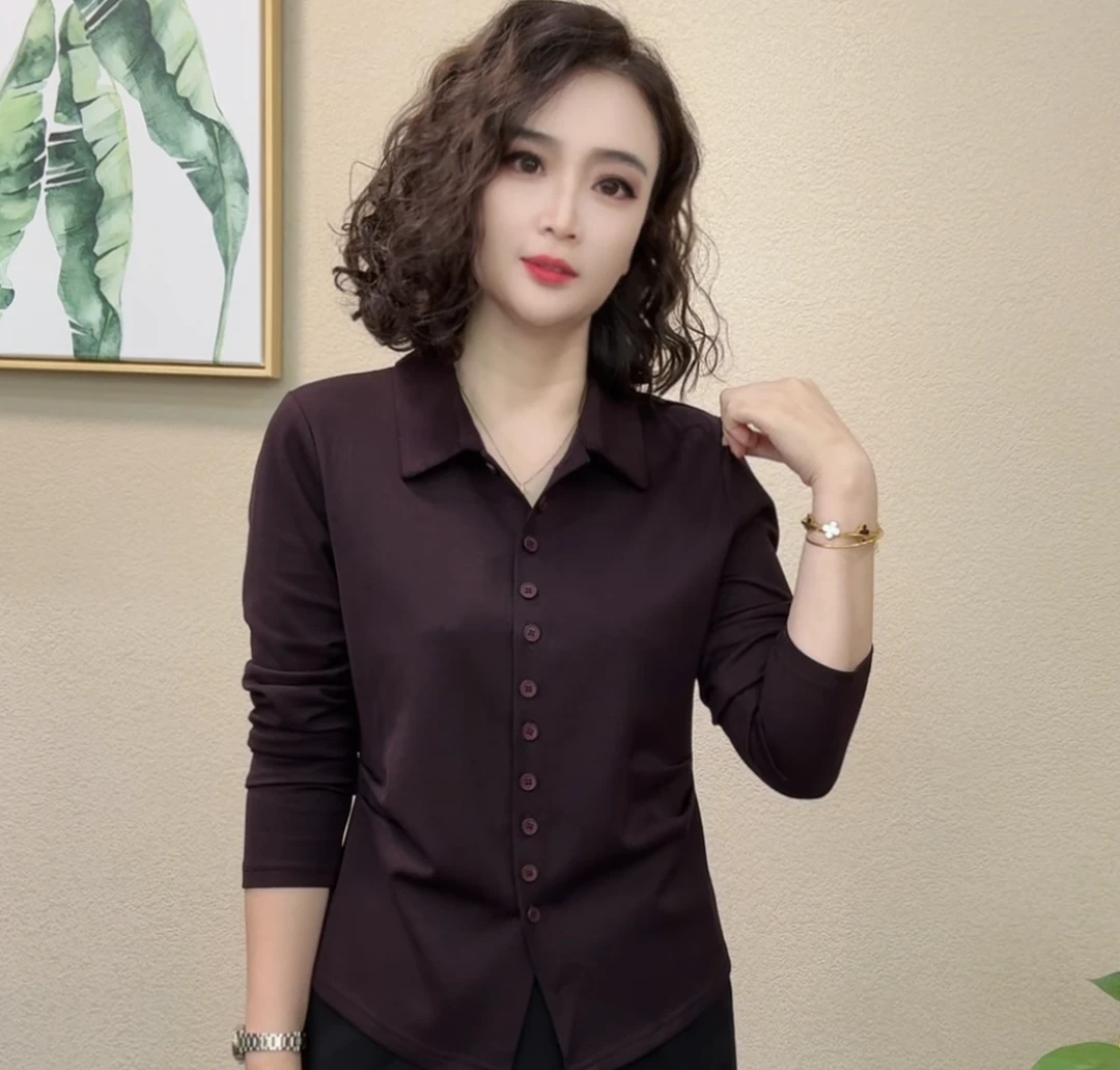 2025秋季新款简约时尚气质纯色收腰6扣眼百搭打底上衣衬衣#486175