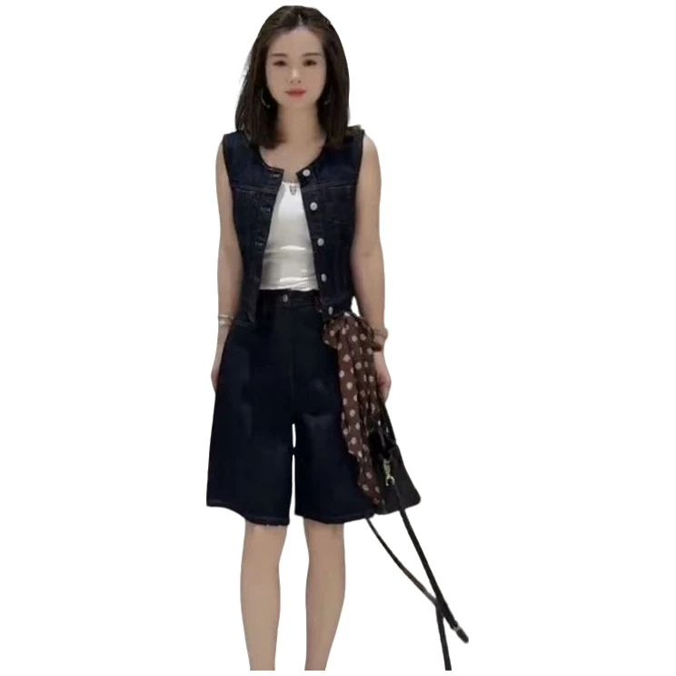 小香风时尚牛仔套装夏季新款网红无袖显瘦马甲宽松休闲阔腿五分裤