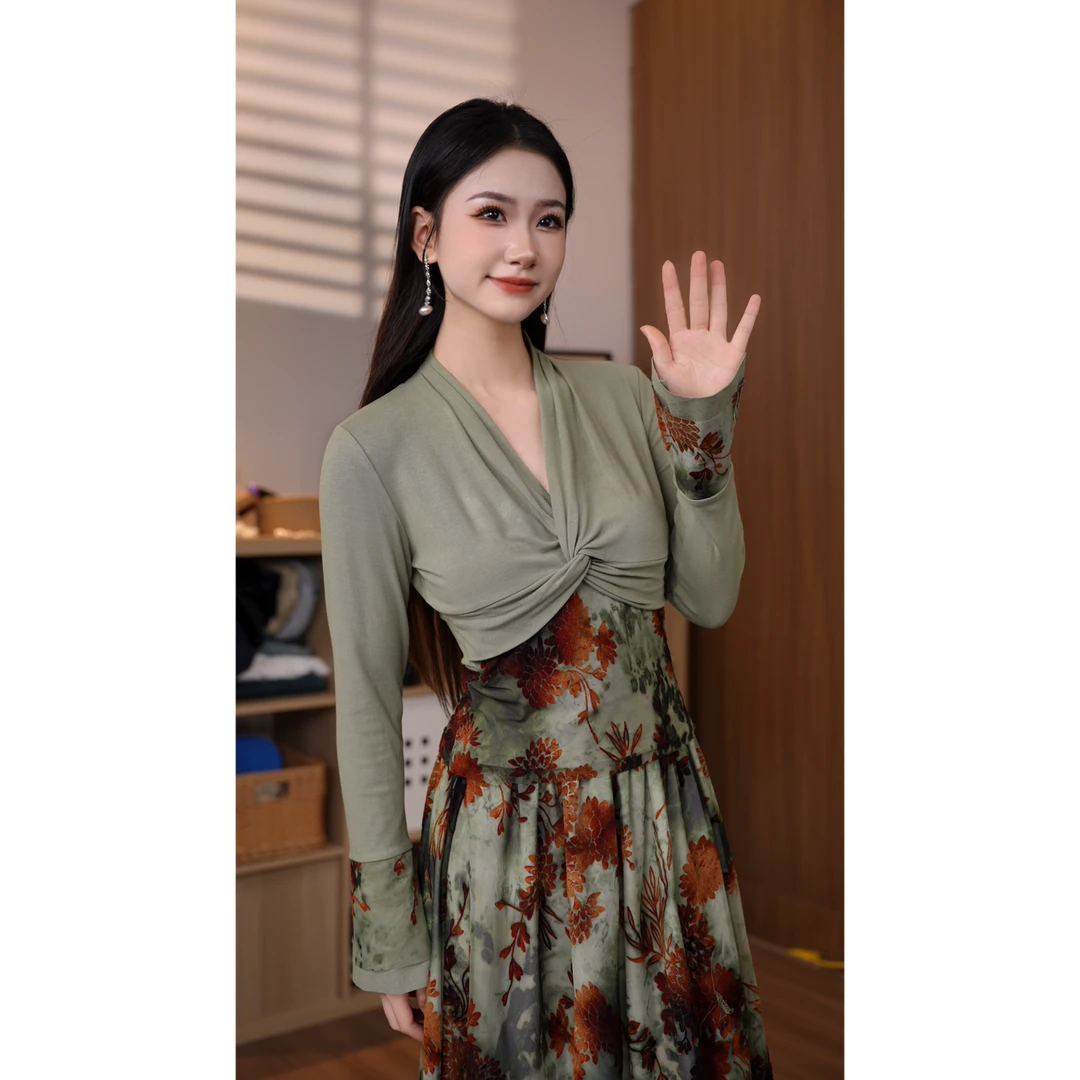 【闻讯】时尚收腰上衣复古套裙法式夏季印花长袖长裙时尚女装-80186