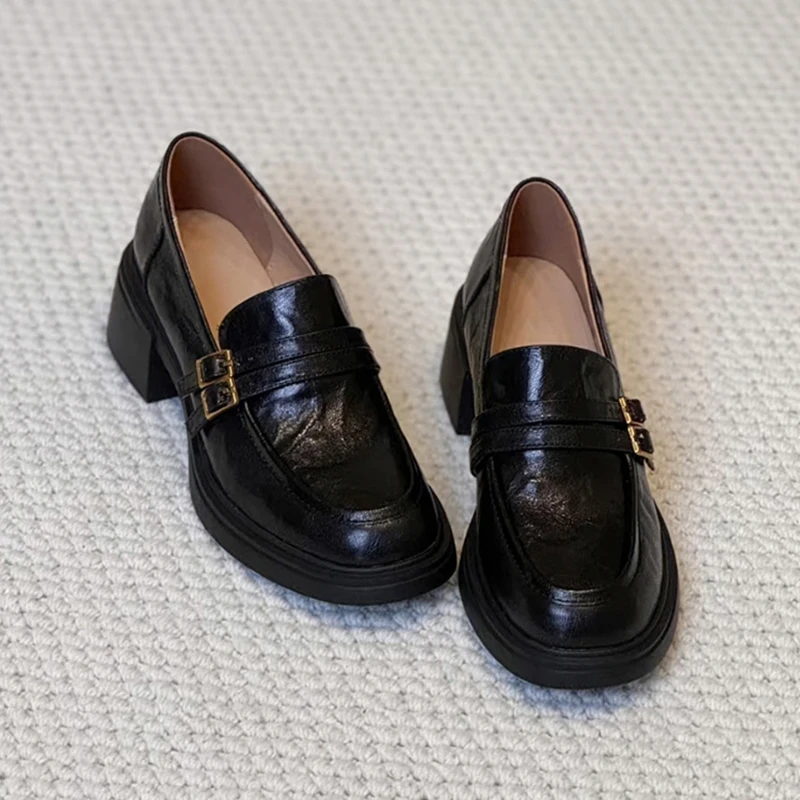 粗跟厚底乐福鞋女款2025新款爆款秋百搭一脚蹬小皮鞋赫本风格鞋子