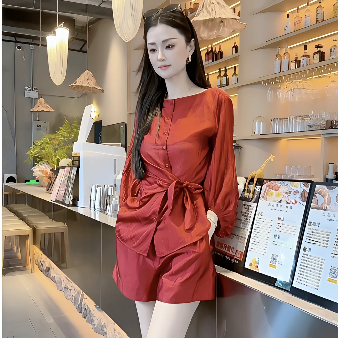 S.P洋气纹理｜新品醋酸单排扣灯笼袖+短裤套装｜时尚洋气｜2D16808