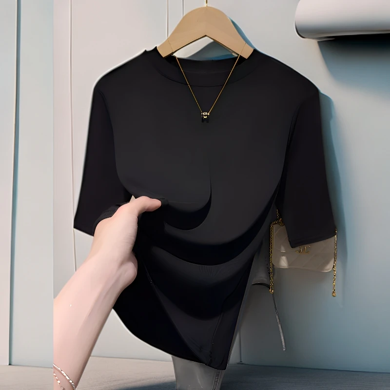 拉夏贝尔黑色五分袖T恤女士夏季百搭修身打底衫圆领中袖正肩t恤