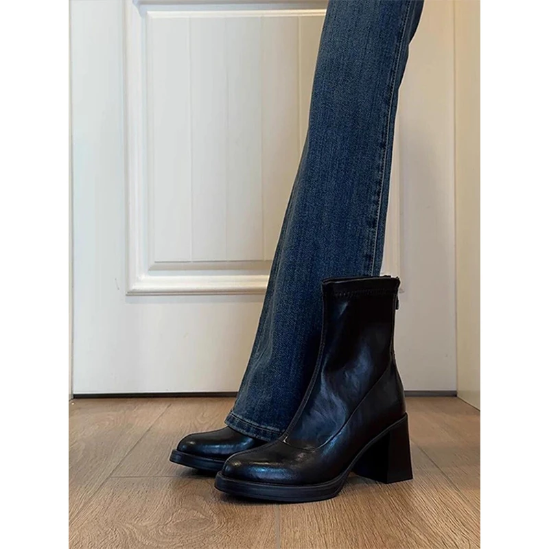 羊皮版~法式英伦风圆头粗跟瘦瘦靴女百搭软皮复古百搭短靴马丁靴