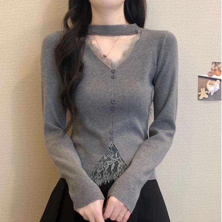 浅灰色挂脖V领打底衫女2025早春新款内搭短款毛衣小个子miu系上衣