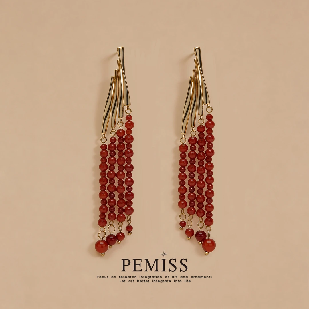 合金珐琅耳饰 新中式古风2026新款显白红金配色秋冬超长流苏耳环
