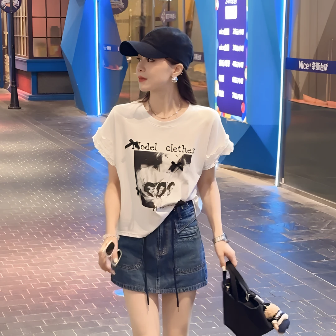 【静静衣橱】夏季新款韩版设计感蝴蝶结印花蕾丝拼接短袖T恤6193