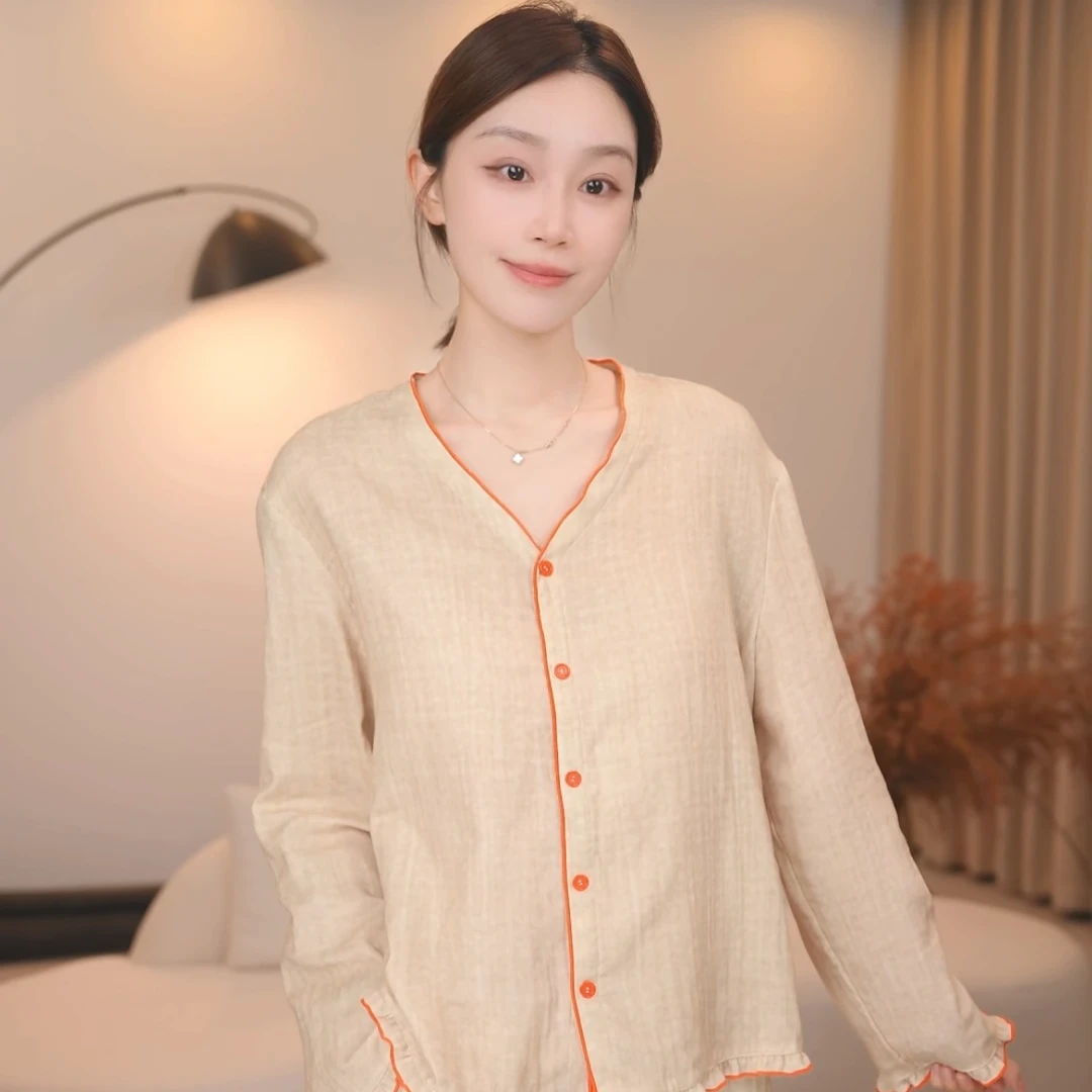 板栗小姐【稻屿】春秋长袖甜美全棉双层纱睡衣家居服套装可外穿
