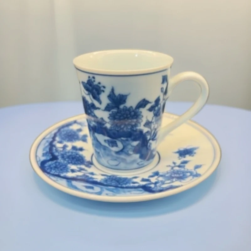12.110/N100660/00062/熙⼯坊青花蝶恋花咖啡杯口径5.9高6.8/75cc