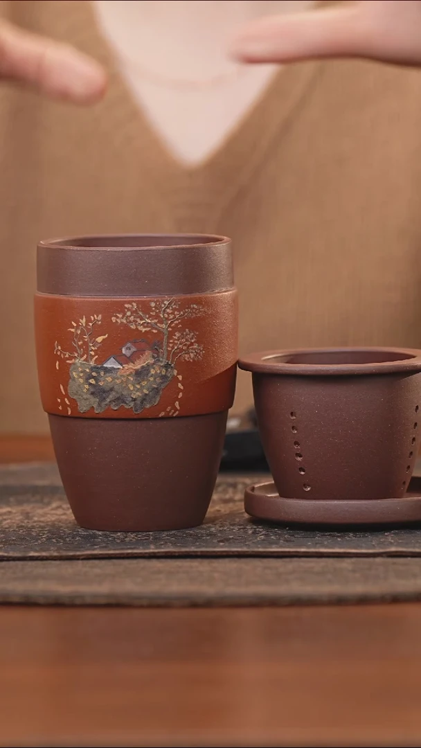 紫砂茶叶罐朱泥泥绘山水快客杯