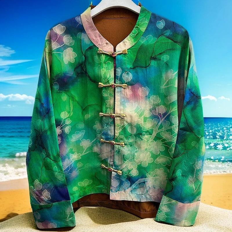 现货实拍2025早春新款休闲盘扣宽松长袖香云老料衬衫上衣外套157