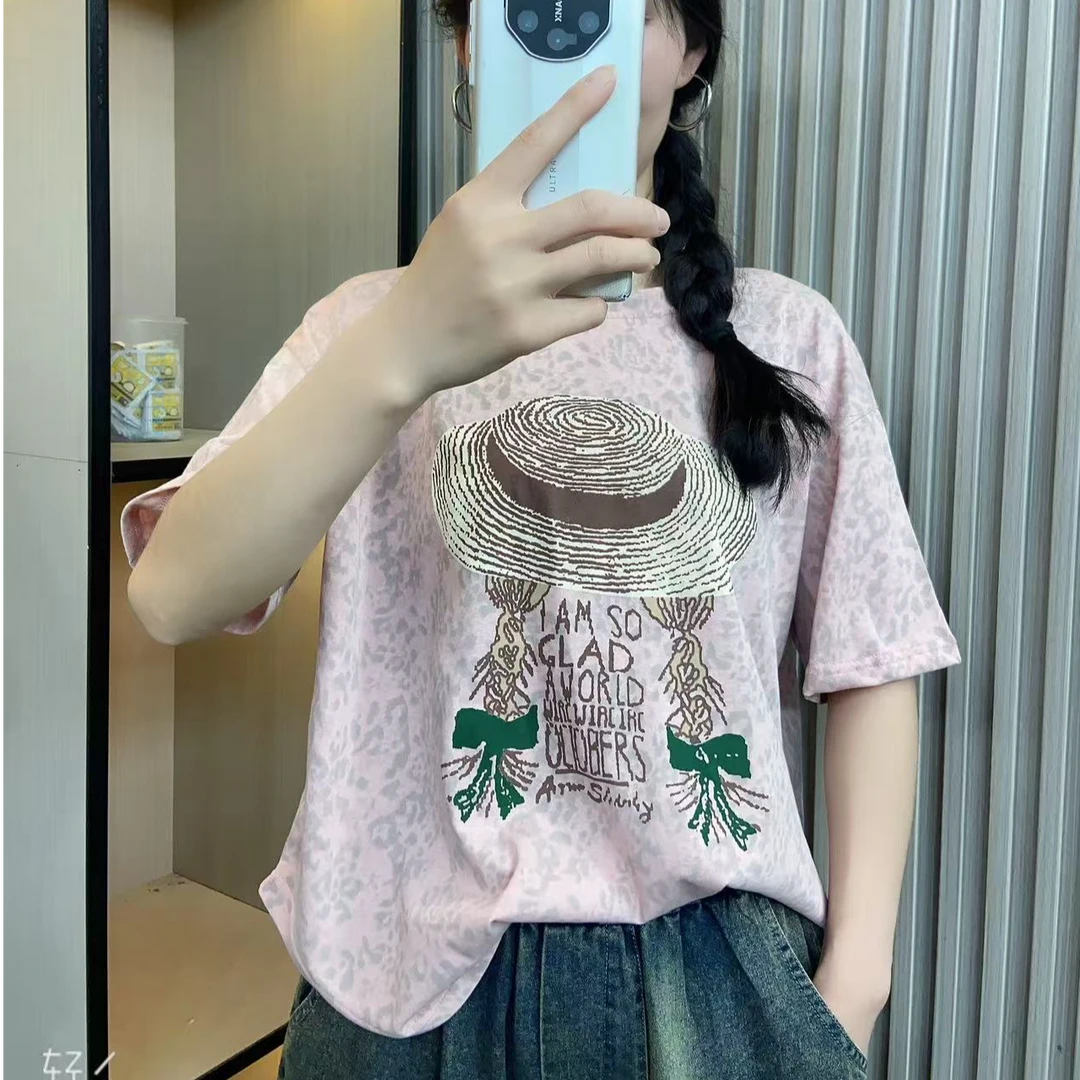 【1962】夏季新款时尚百搭宽松减龄韩版雪花棉印花豹纹草帽短袖T恤