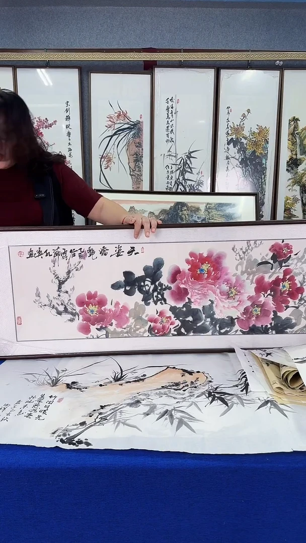 国画牡丹图 实木画框48*163