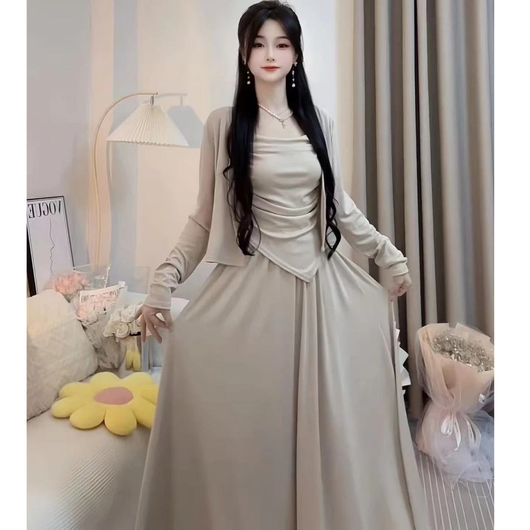 X春秋新款秋季时尚显瘦修身收腰温柔复古气质法式仙气裙子三件套