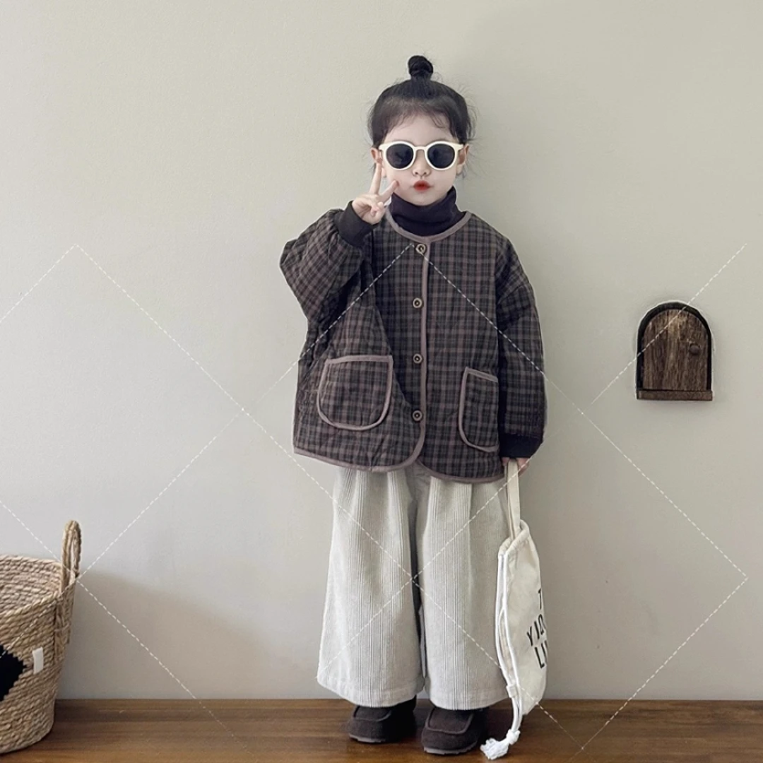 韩版森系童装2025冬季新款儿童复古格子加厚夹棉棉服女童加绒裤子