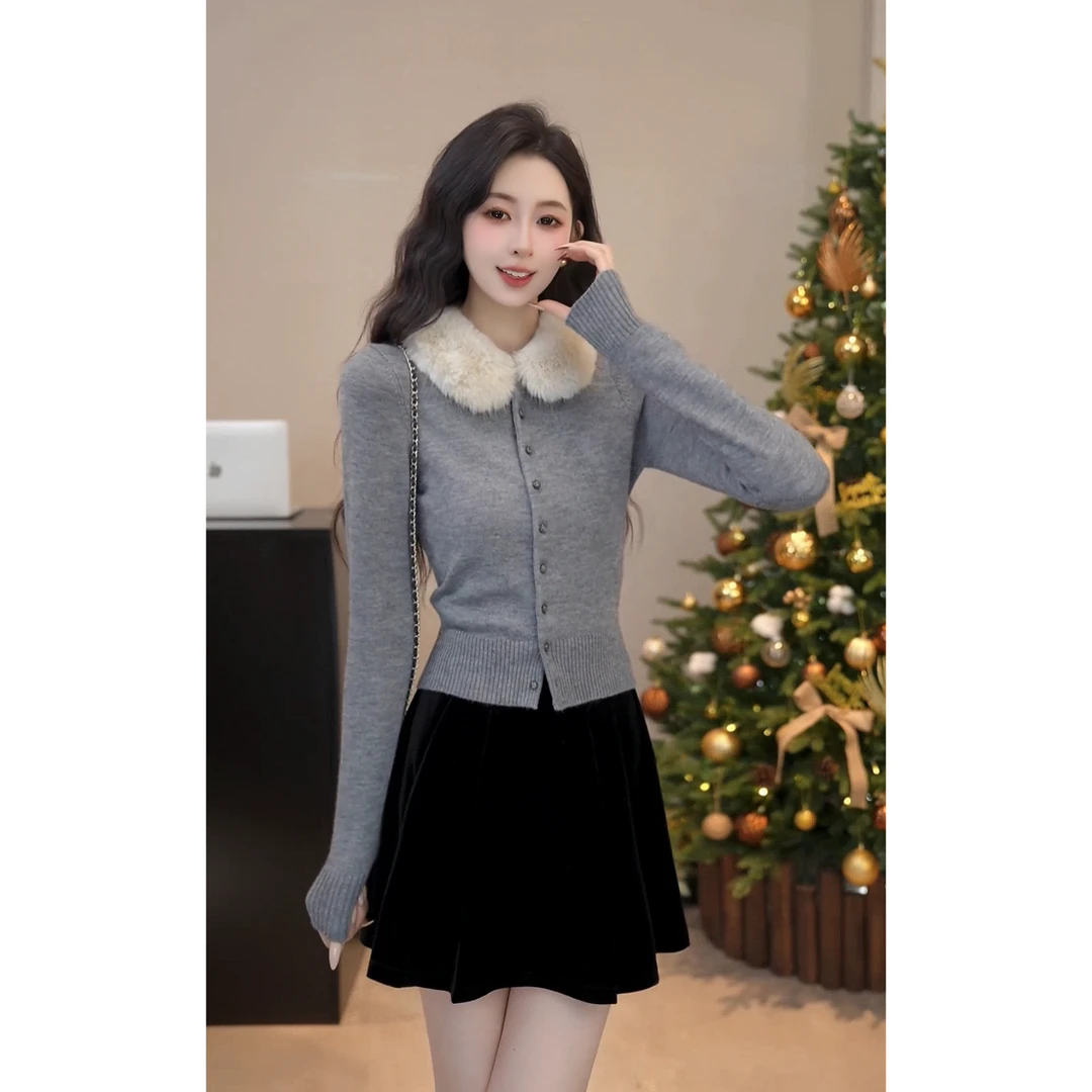 YUANLIANSU/圆脸酥【浅灰雪山】法式优雅风修身毛领针织开衫毛衣女