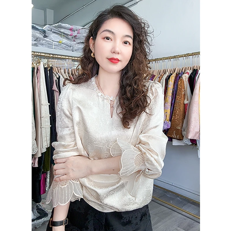 新中式国风上衣2026年气质长袖百搭时尚提花打底衫精致出游服女
