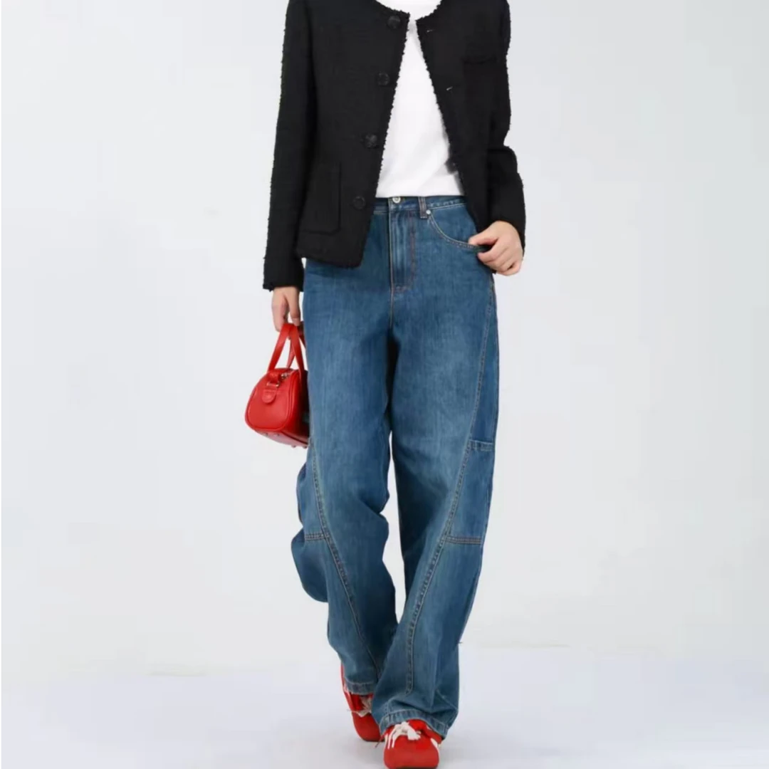 GIRDEAR/哥弟高腰弯刀裤牛仔阔腿裤宽松蓝色复古阔腿110040