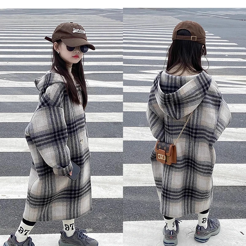 女童呢大衣韩版2025新款冬连帽保暖大衣女孩中大童中长款毛呢外套