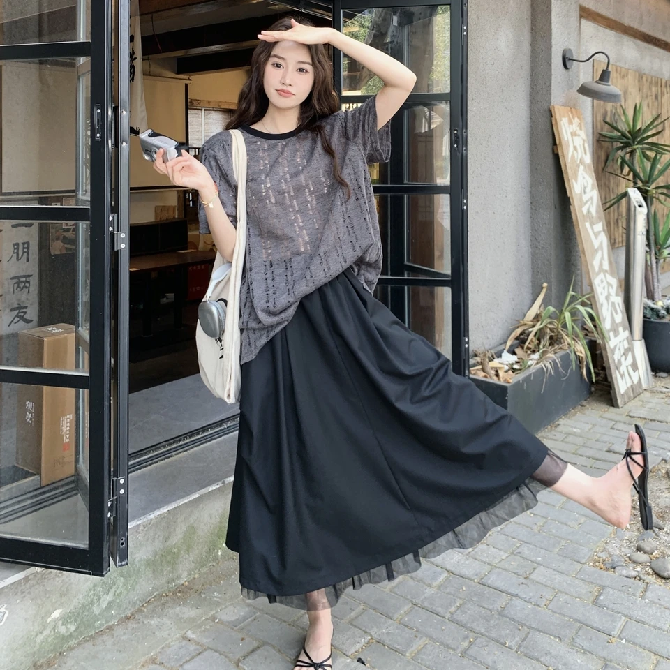 休闲镂空T恤网纱半身裙套装女夏2025新款两件套俏皮活泼ootd穿搭
