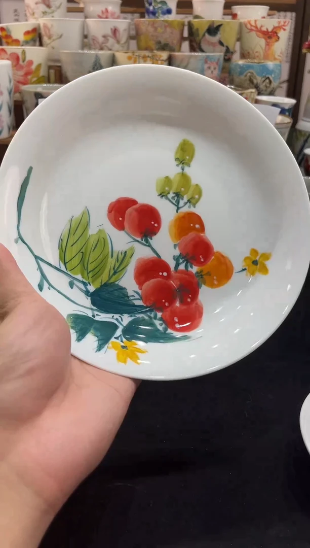 瓷片景德镇高温釉下手工手绘高白泥陶瓷五彩番茄盘