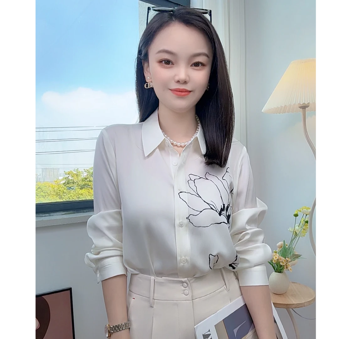 【灿灿】重磅真丝桑蚕丝长袖衬衫女春秋白色法式轻熟职业百搭衬衣