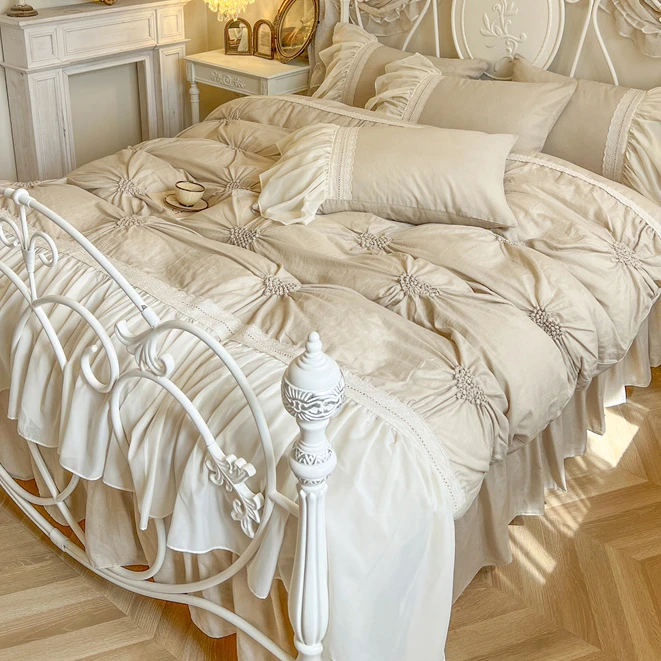 法式复古公主风全棉双层纱床上四件套纯棉蕾丝花边被套少女心床裙