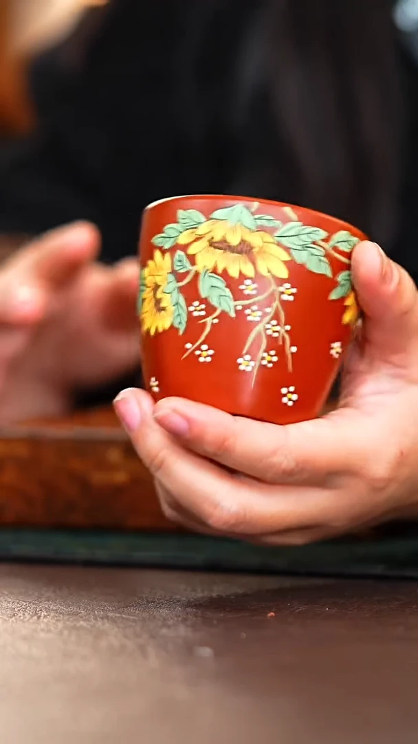 茶杯紫砂朱泥泥绘杯
