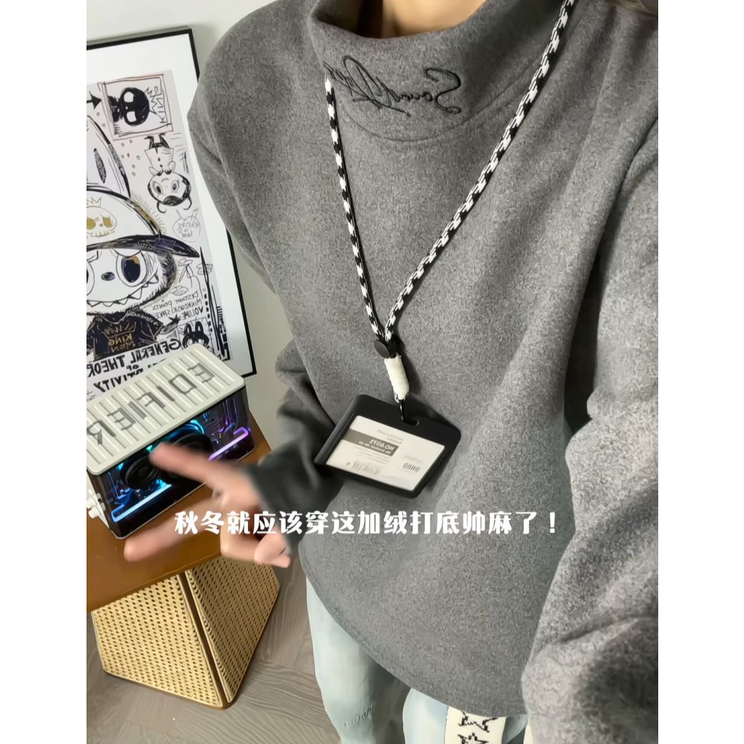 毛茸茸450克德绒刺绣加绒加厚保暖冬季宽松打底衫宽松半高领灰色