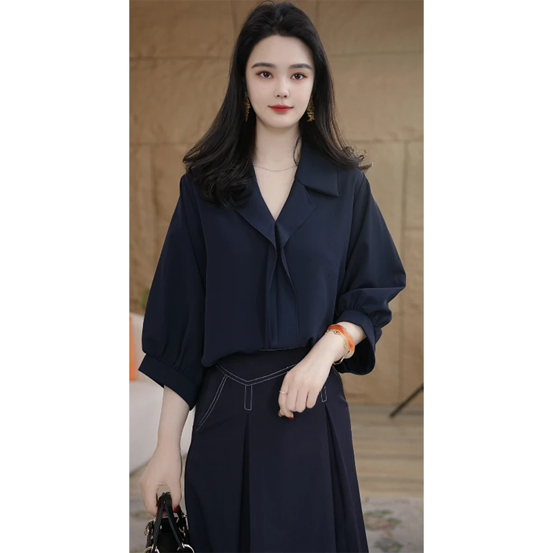 【南桥甄选】上衣藏青色短袖衬衫蓝色衬衣女设计感小众气质宽松洋气