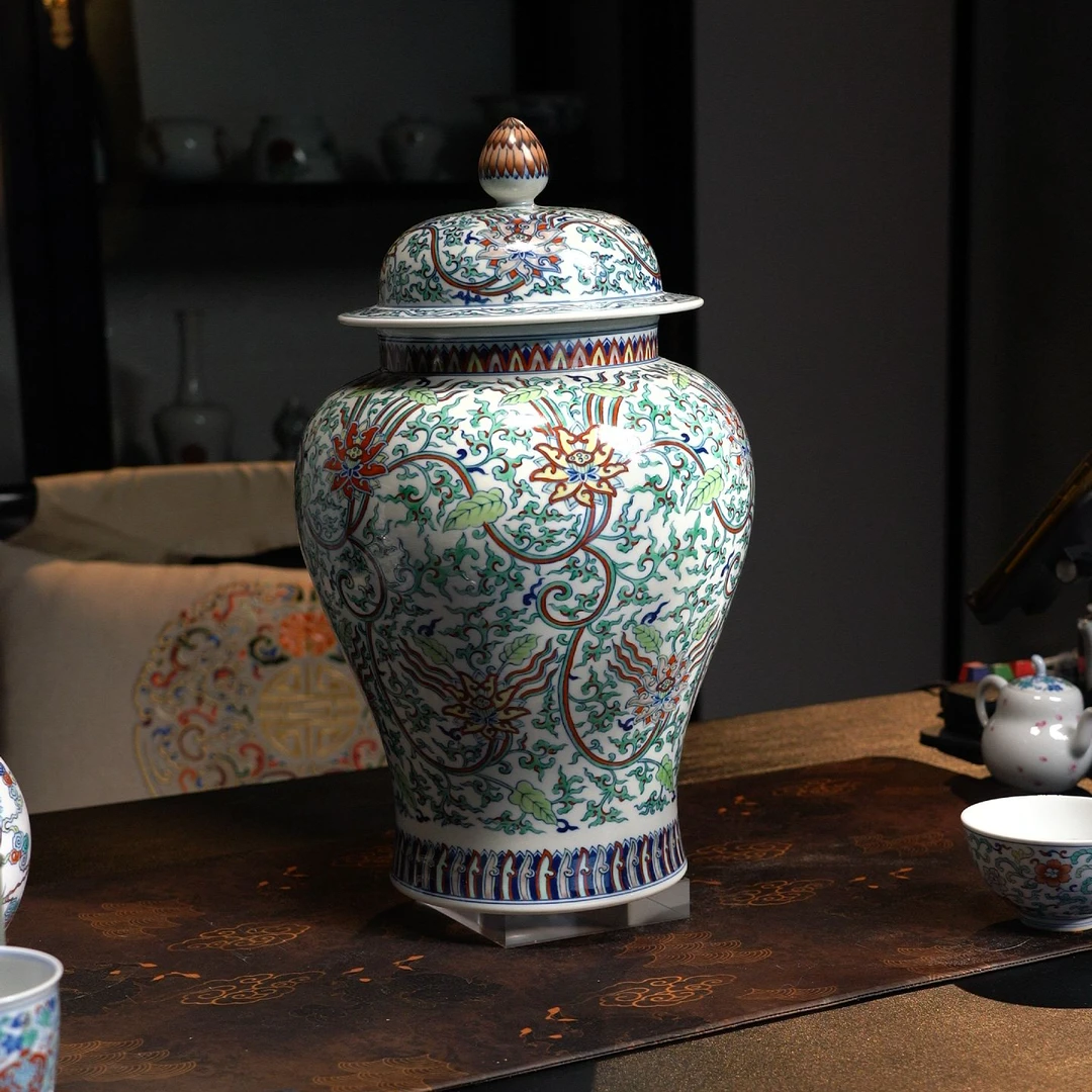 J涂杏花窑 斗彩缠枝莲将军罐  纯手工手绘景德镇瓷器