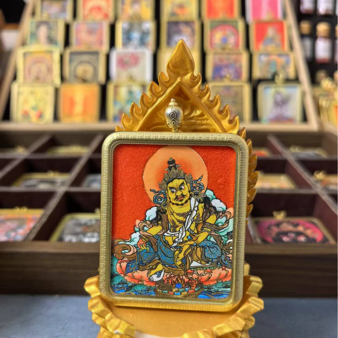 黄财神纯手工描金唐卡纯铜嘎乌盒吊坠五路财神手工矿物质八方财
