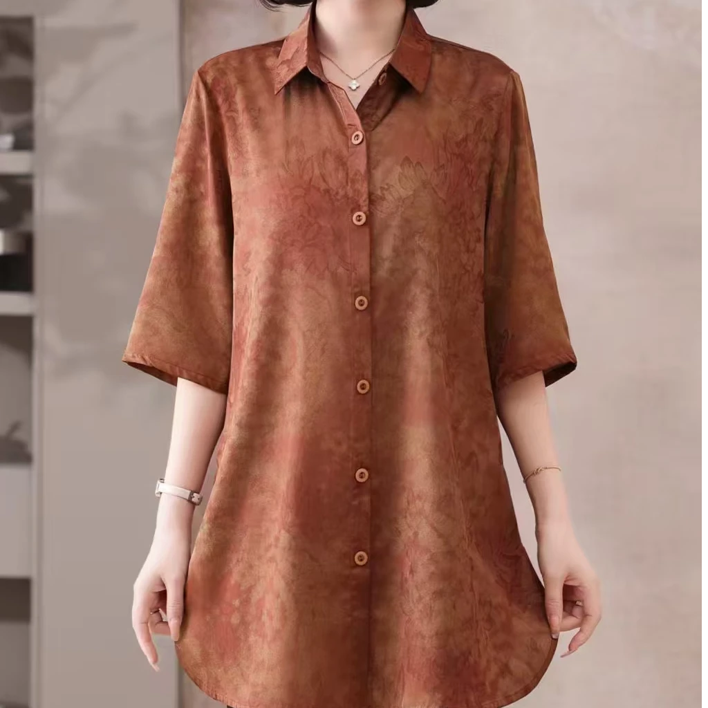 七分袖夏季印花POLO领新中式衬衫时尚宽松中老年女装6601