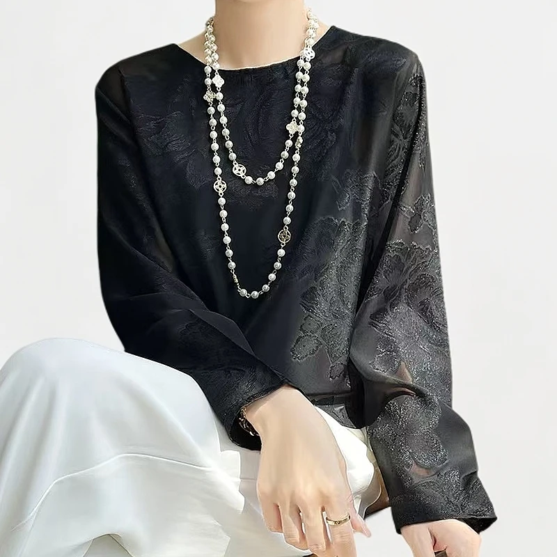 超重磅~百搭时尚洋气真丝上衣女气质夏微透薄款长袖衬衫防晒罩衫